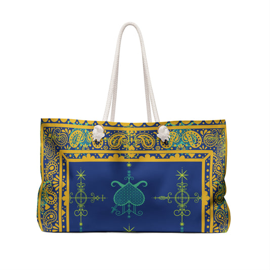 Large Overnight Tote Bag - Simbi and Ezili Haitian Vodoun Veve Symbols Design-Gold and Royal Blue