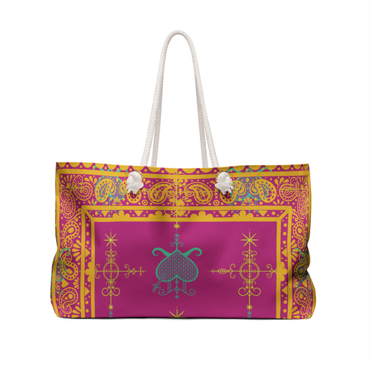 Large Overnight Tote Bag with Haitian Simbi and Ezili Veve Symbols- Pink and Gold