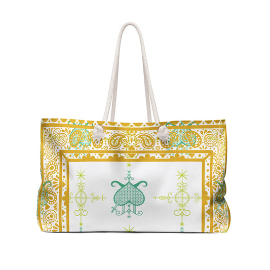 Large Overnight Tote Bag Water and Healing Veve Design-Gold and White Print