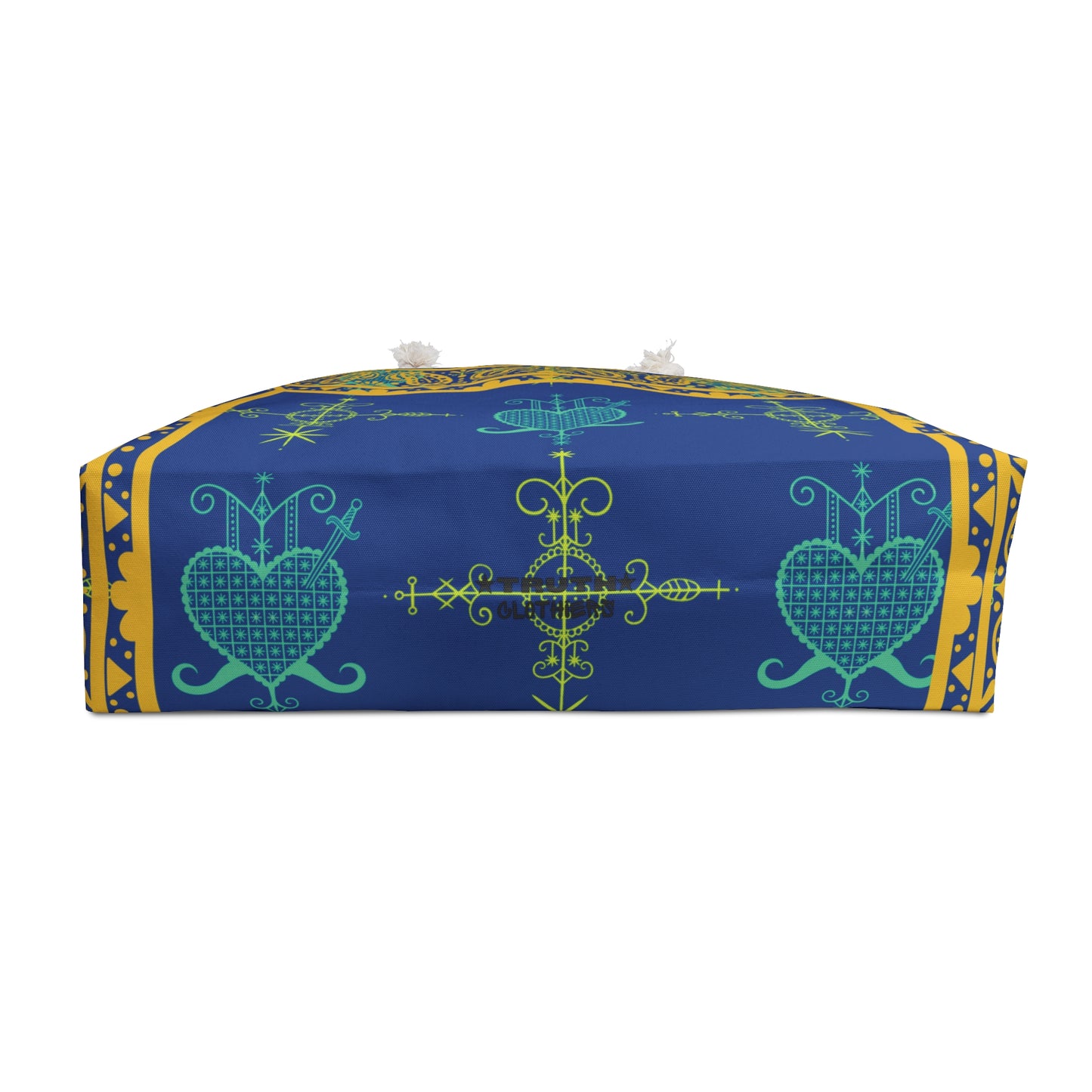 Large Overnight Tote Bag - Simbi and Ezili Haitian Vodoun Veve Symbols Design-Gold and Royal Blue