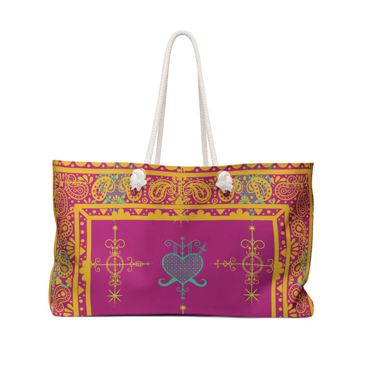 Large Overnight Tote Bag with Haitian Simbi and Ezili Veve Symbols- Pink and Gold