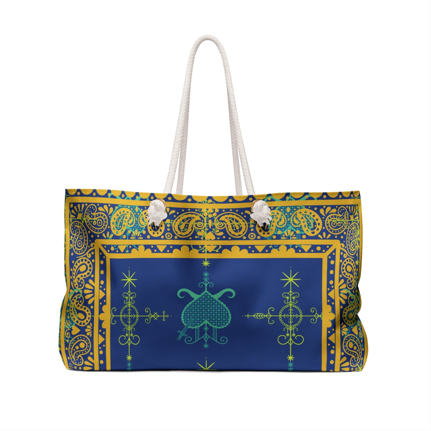 Large Overnight Tote Bag - Simbi and Ezili Haitian Vodoun Veve Symbols Design-Gold and Royal Blue