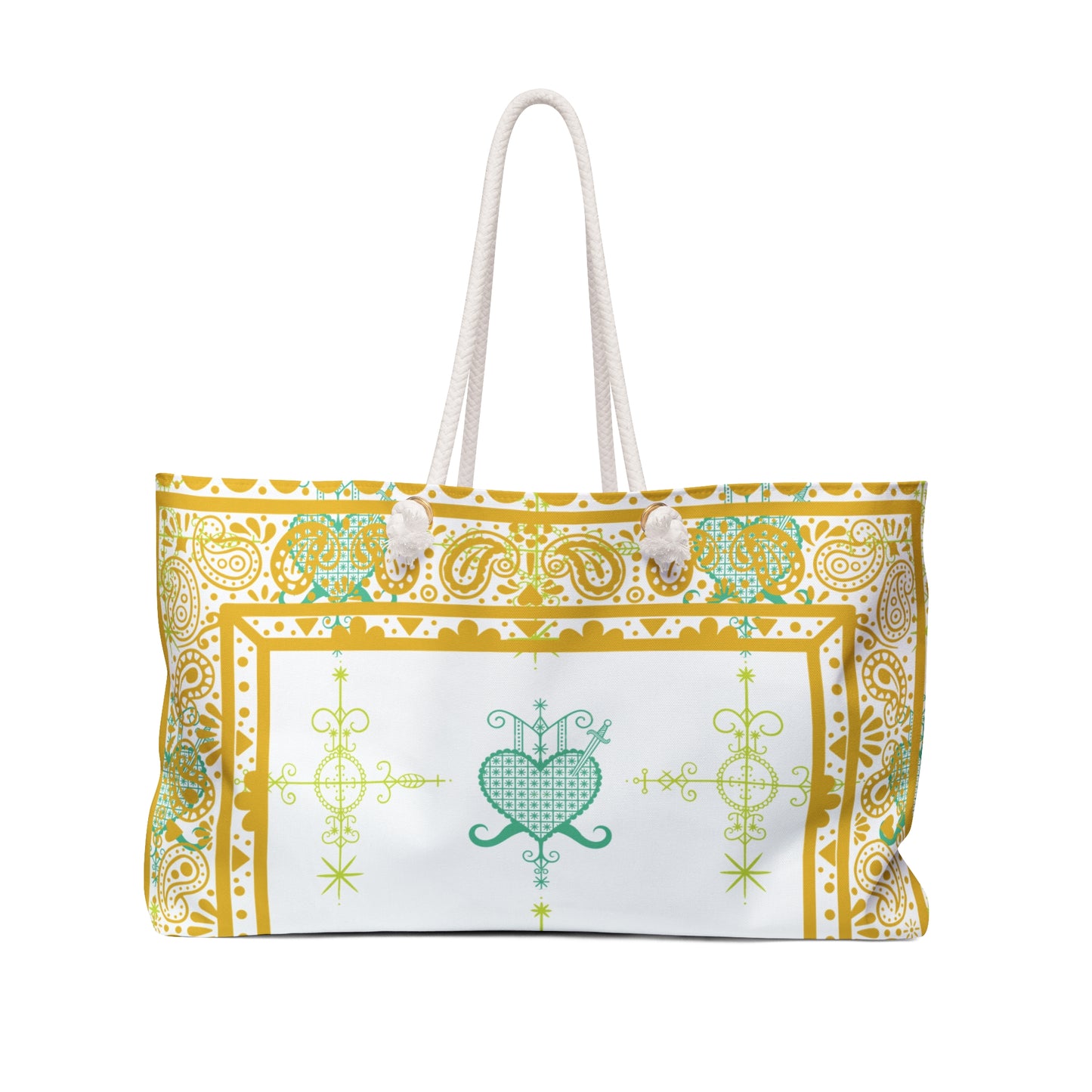 Large Overnight Tote Bag Water and Healing Veve Design-Gold and White Print