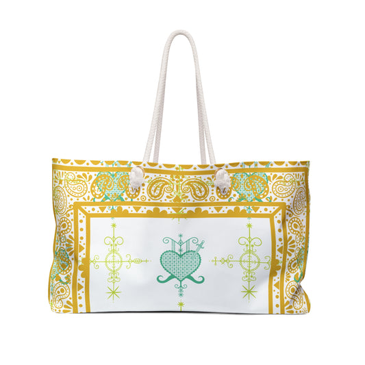 Large Overnight Tote Bag Water and Healing Veve Design-Gold and White Print