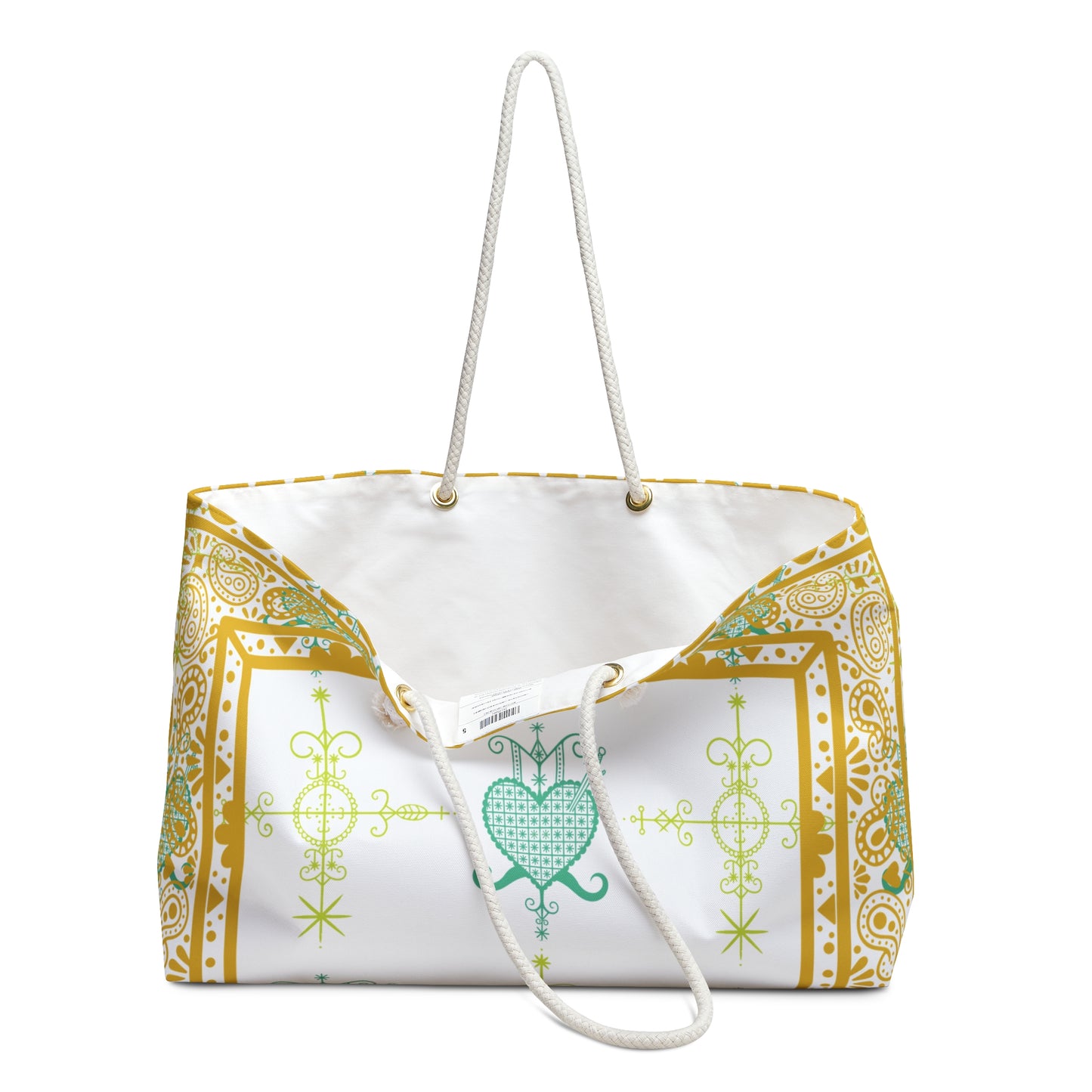 Large Overnight Tote Bag Water and Healing Veve Design-Gold and White Print