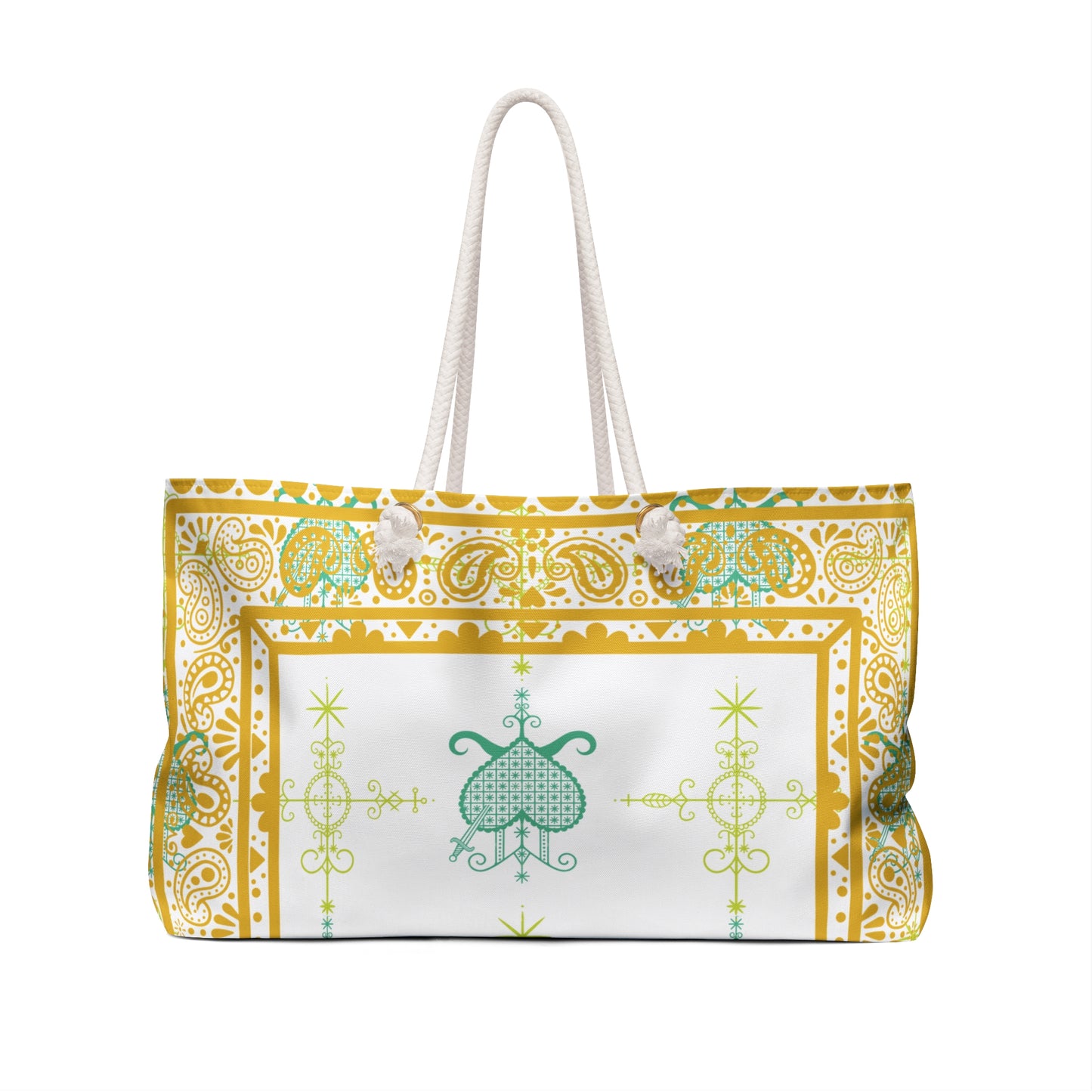 Large Overnight Tote Bag Water and Healing Veve Design-Gold and White Print