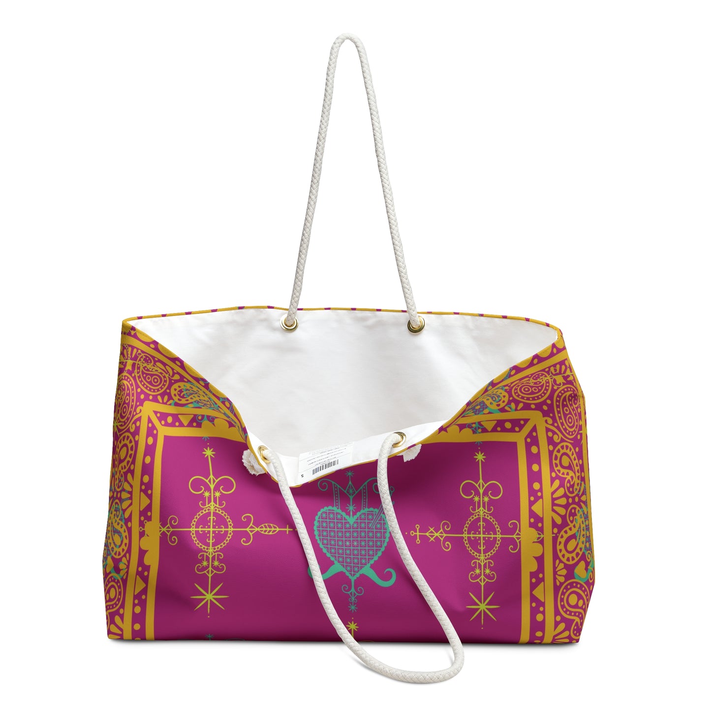 Large Overnight Tote Bag with Haitian Simbi and Ezili Veve Symbols- Pink and Gold