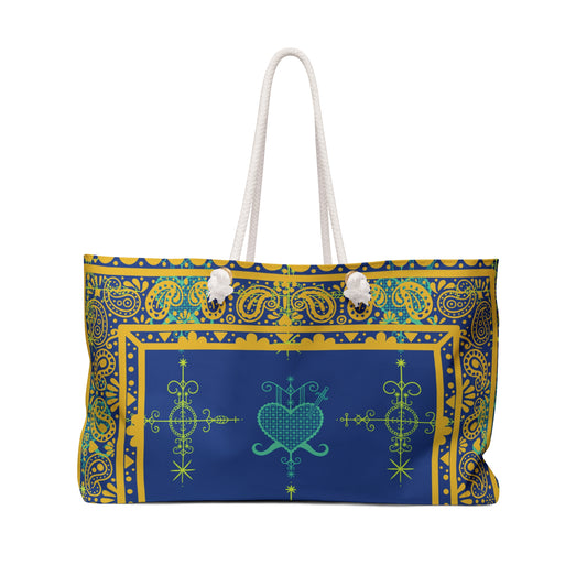 Large Overnight Tote Bag - Simbi and Ezili Haitian Vodoun Veve Symbols Design-Gold and Royal Blue
