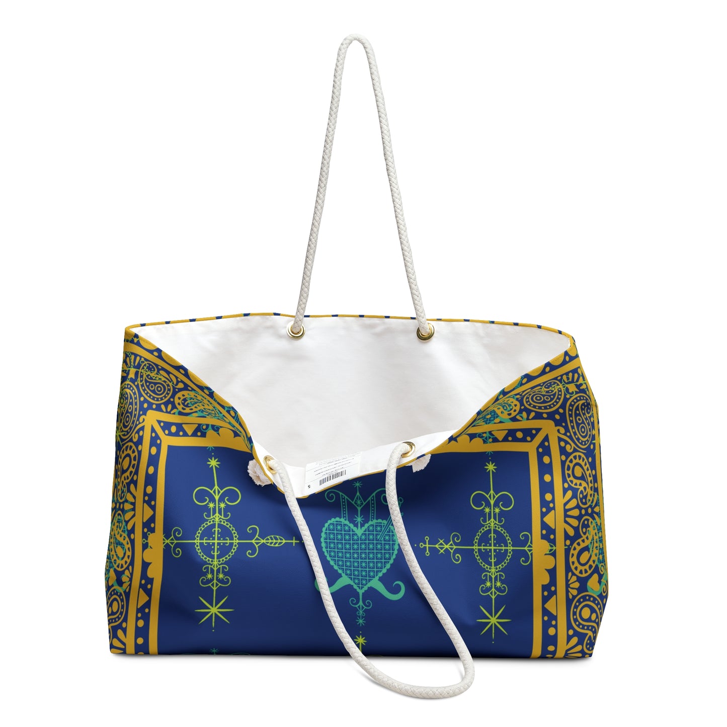 Large Overnight Tote Bag - Simbi and Ezili Haitian Vodoun Veve Symbols Design-Gold and Royal Blue